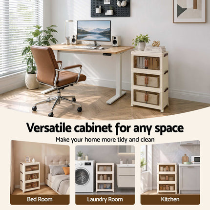 Artiss 3-Tier Foldable Storage Cabinet Stackable Box Clear Magnetic Door White
