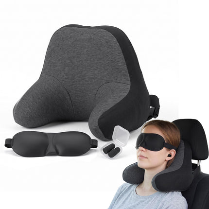 Wanderlite Travel Neck Pillow Portable for Airplane Memory Foam with Eyemask Earplugs Black