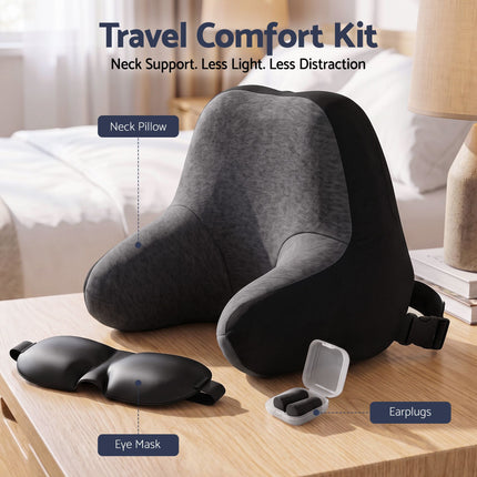 Wanderlite Travel Neck Pillow Portable for Airplane Memory Foam with Eyemask Earplugs Black
