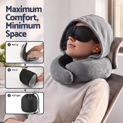 Wanderlite Hooded Travel Neck Pillow for Airplane Memory Foam with Eye Mask Earplugs, Dark Grey