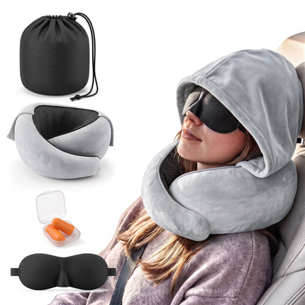 Wanderlite Hooded Travel Neck Pillow for Airplane Memory Foam with Eye Mask Earplugs, Light Grey