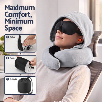 Wanderlite Hooded Travel Neck Pillow for Airplane Memory Foam with Eye Mask Earplugs, Light Grey