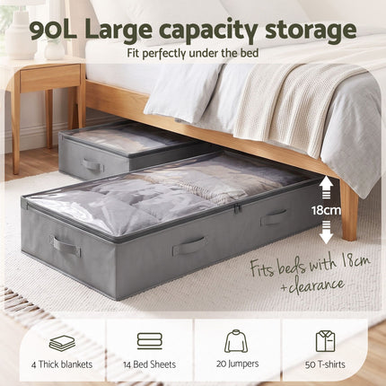 Artiss Under Bed Storage Containers X2 90L Boxes Organiser Clear Top Fabric Grey