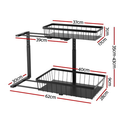 Artiss Under Sink Organizer Storage with 2 Slide Out Drawers 5 Adjustable Height Bathroom Kitchen Cabinet Black