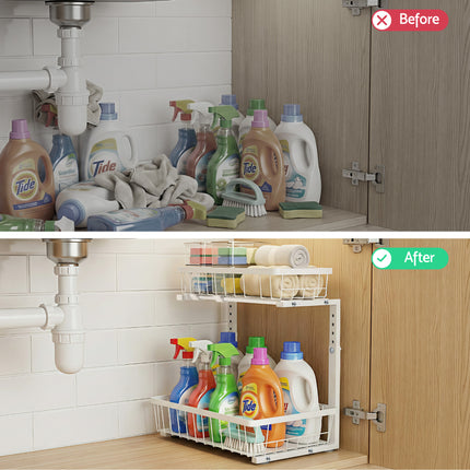 Artiss Under Sink Organizer Storage with 2 Slide Out Drawers 5 Adjustable Height Bathroom Kitchen Cabinet