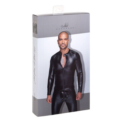 Noir Power Wetlook Mens Jacket Pleated Pvc Epaulets Black