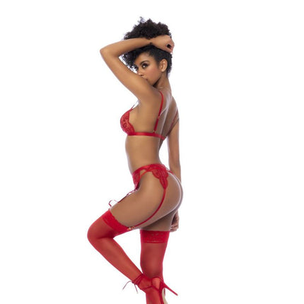 Red 3 Pc Set w/ Bralette Garter Belt and Thong