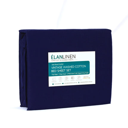Elan Linen 100% Egyptian Cotton Vintage Washed 500TC Navy Blue Single Bed Sheets Set