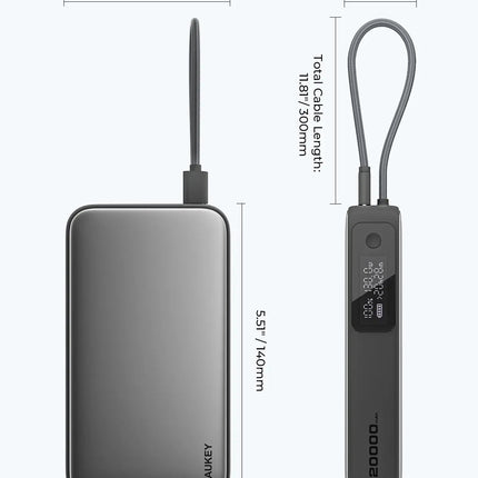 Aukey Spark Sling 20000 Compact Fast Charging Power Bank with Built-in USB-C Cable (PB-Y48)