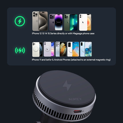 Aukey MagFusion Dash Pro Qi2 Magnetic Fast Wireless Charging Phone Mount with Active Cooling (HD-MC13A)