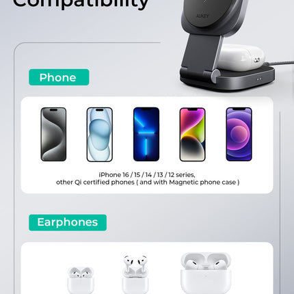 Aukey MagFusion L Qi2 Foldable 2 In 1 Magnetic Wireless Charger (LC-MC211)