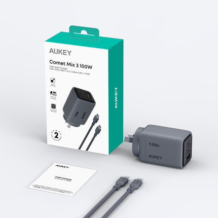 Aukey Comet 100W PD Fast Wall Charger GaN USB-C with 100W 1.8m USB-C to C Cable (PA-C5)