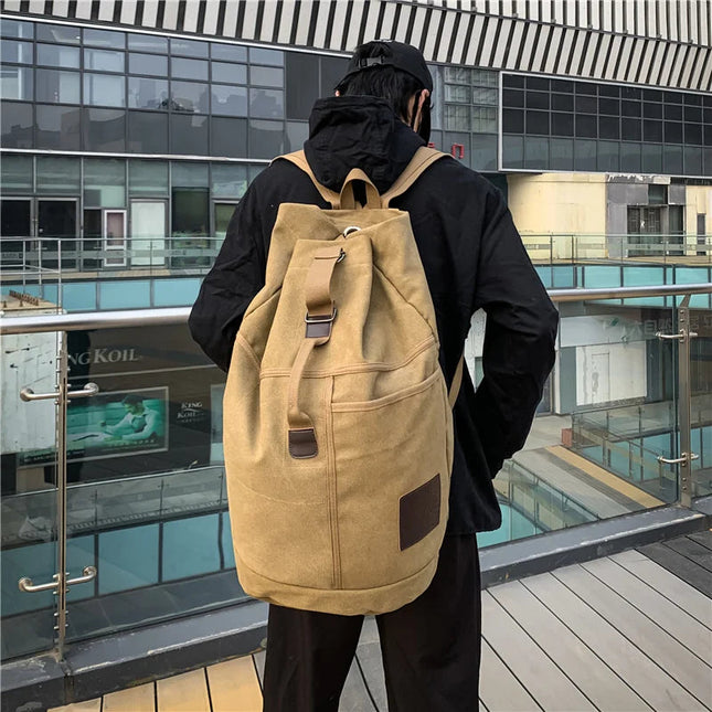 Canvas Travel Backpack with Bucket Design Khaki