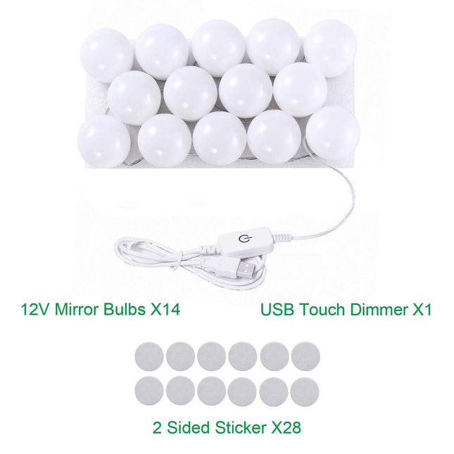 Hollywood LED Vanity Mirror Lights Kit, Dimmable Stick on USB Vanity Lights,Makeup Light Strip for for Bedroom, Dressing Room, Wedding, Party illuminating, CRI>90 (4000K Natural White 14 Bulbs 5V USB)