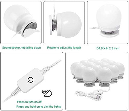 Hollywood LED Vanity Mirror Lights Kit, Dimmable Stick on USB Vanity Lights,Makeup Light Strip for for Bedroom, Dressing Room, Wedding, Party illuminating, CRI>90 (4000K Natural White 14 Bulbs 5V USB)