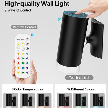Battery Operated Wall Lights 2 Pack Rechargeable Wall Lights Indoor Touch Dimmable with Remote Control,Magnetic Wall Sconce Lights Battery Black Wireless LED Decor Lighting 3000mAh [Energy Class F]