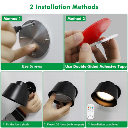 Night Light Wireless Wall Light Indoor LED 2 Pack,Battery Operated Wall Lights Rechargeable Lamp with Remote,Touch Lamp Dimmable Wall Sconces Bedside Lamp for Bedroom Livingroom (Black, 2Pack) [Energy Class E]