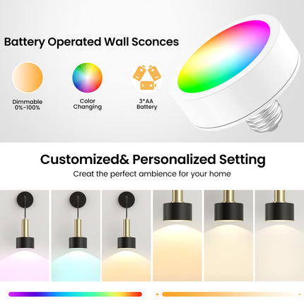 Battery Operated Wall Sconce Set of 2, Dimmable RGB Wall Sconce with Remote Indoor Battery Powered Wall Lamp Light for Bedroom Living Room