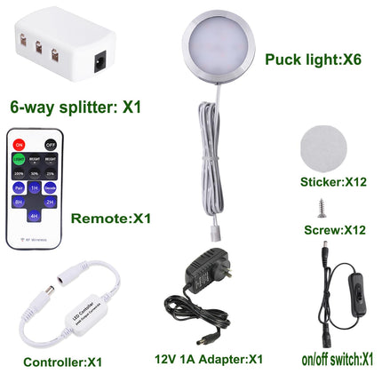 Dimmable LED Under Cabinet Lighting, Counter Showcase Kitchen Lighting Fixtures with 12V Plug in Adapter and Dimmable Wireless Remote Control, 6 Ultra Slim Puck Lights Kit