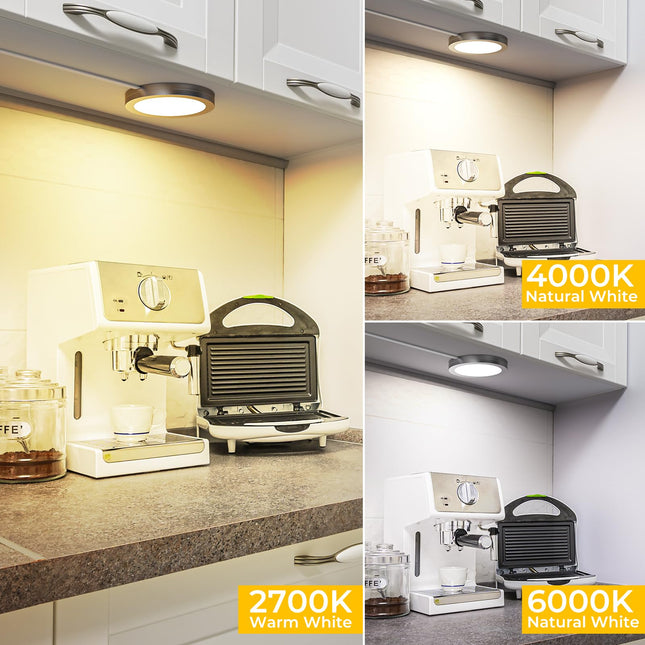 4 Pack Puck Lights 5V Single USB Powered,3 Color Temperature Adjustable & Dimmable Under Cabinet Light,3D Printer LED Lamp Kit for Cabinet,Wardrobe,Showcase