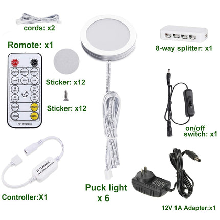 LED Under Cabinet Puck Lights CCT Light Color Temperature Adjustable Warm+White Double Color with Dimmable RF Remote Controller for Kitchen Shelf Ambiance Display Lighting (8 Lights, 24W)