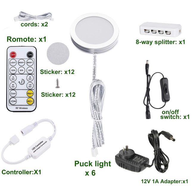 LED Under Cabinet Puck Lights CCT Light Color Temperature Adjustable Warm+White Double Color with Dimmable RF Remote Controller for Kitchen Shelf Ambiance Display Lighting (8 Lights, 24W)