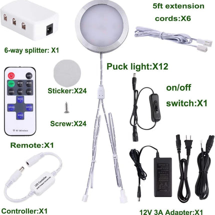 Linkable Under Cabinet LED Lighting 12V Dimmable Puck Lights with Wireless RF Remote Control, Hardwired & Wall Plug in for Kitchen Mood Lighting,Daylight White