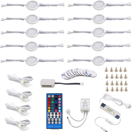 Under Counter LED Light Kit, RGBW Under Cabinet Lighting, 10 Packs Colored Cabinet Lights with Wireless 40-Key IR Dimmable Remote Control (10 Lights)
