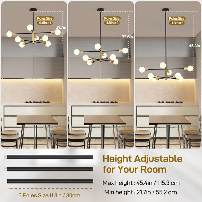 Modern Sputnik Chandelier 8 Lights Height Adjustable Ceiling Light Fixture Mid-Century Modern Gold Chandelier for Dining Room Bedroom Kitchen Living Room with Sloped Ceiling Adapter