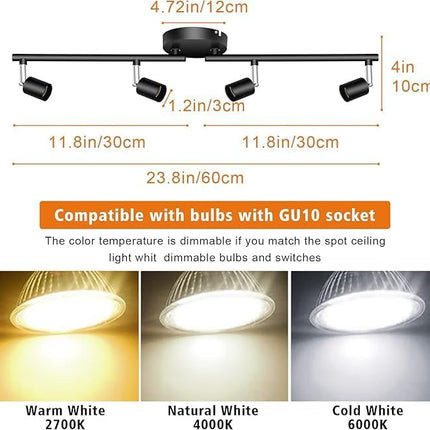 Kitchen Lights,Ceiling Lighting Kits, Swivelling Ceiling Spotlight for Bedroom, Kitchen and Living Room(GU10 LED Bulbs not Included) (4 Way Black)