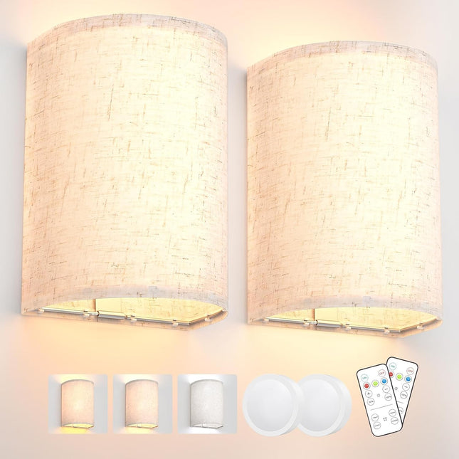 Battery Operated Wall Lights,2 Pack Wall Light Decor with Remote Control,3 Colors Dimmable Fabric Shade Wall Lamps,Wireless Sconce Wall Lights for Farmhouse Sconces Wall Lighting 2700K-6000K