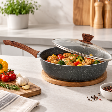 28cm PFOA Free Non-Stick Saute Pan with Lid, Marble-Effect Non-Stick Coating, Induction Compatible, Soft-Touch Handle, Dishwasher Safe