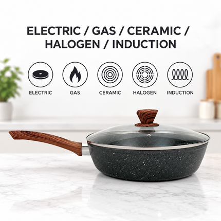 28cm PFOA Free Non-Stick Saute Pan with Lid, Marble-Effect Non-Stick Coating, Induction Compatible, Soft-Touch Handle, Dishwasher Safe