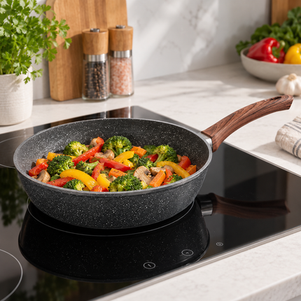 28cm PFOA Free Non-Stick Saute Pan with Lid, Marble-Effect Non-Stick Coating, Induction Compatible, Soft-Touch Handle, Dishwasher Safe