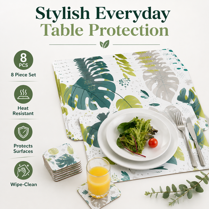 8pcs Monstera MDF Placemats Coasters Heat Resistant(34x26.5cm)