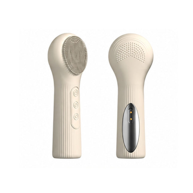 Silicone Facial Cleansing Brush Sonic Vibration Heating Waterproof Rechargeable-BEIGE
