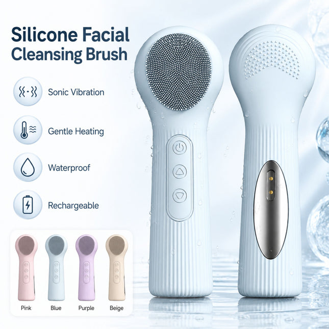 Silicone Facial Cleansing Brush Sonic Vibration Heating Waterproof Rechargeable-BEIGE
