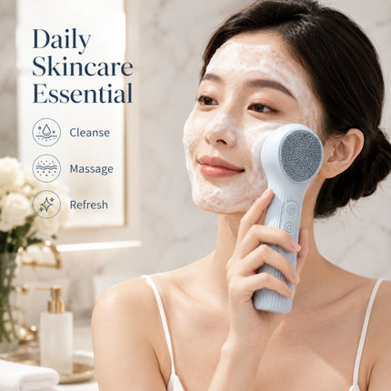 Silicone Facial Cleansing Brush Sonic Vibration Heating Waterproof Rechargeable-BEIGE