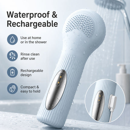 Silicone Facial Cleansing Brush Sonic Vibration Heating Waterproof Rechargeable-BLUE