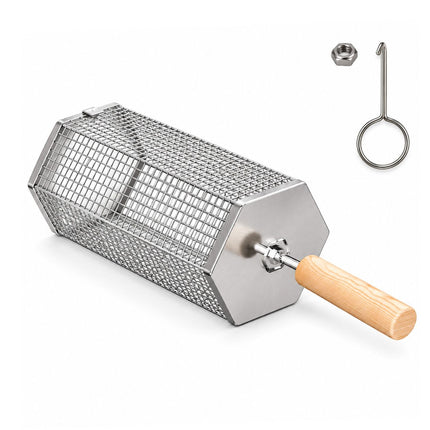 Rolling Grill Basket with Removable Handle, 304 Stainless Steel BBQ Grilling Basket for Vegetables, Fish, Shrimp & Meat