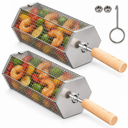 2Pcs Rolling Grill Basket with Removable Handle, 304 Stainless Steel BBQ Grilling Basket for Vegetables, Fish, Shrimp & Meat, Rotating Barbecue Cooking Basket for Outdoor Camping, Picnic & Backyard Grill