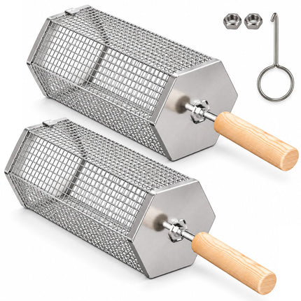 2Pcs Rolling Grill Basket with Removable Handle, 304 Stainless Steel BBQ Grilling Basket for Vegetables, Fish, Shrimp & Meat, Rotating Barbecue Cooking Basket for Outdoor Camping, Picnic & Backyard Grill