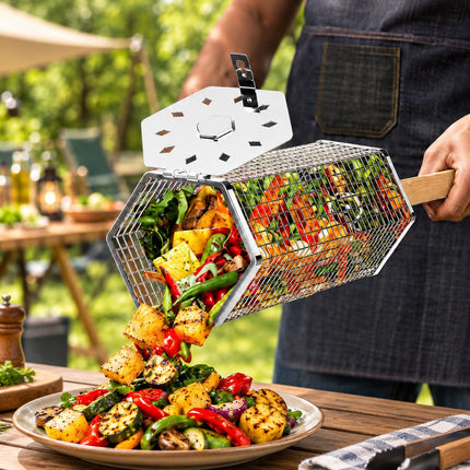 2Pcs Rolling Grill Basket with Removable Handle, 304 Stainless Steel BBQ Grilling Basket for Vegetables, Fish, Shrimp & Meat, Rotating Barbecue Cooking Basket for Outdoor Camping, Picnic & Backyard Grill