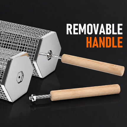 2Pcs Rolling Grill Basket with Removable Handle, 304 Stainless Steel BBQ Grilling Basket for Vegetables, Fish, Shrimp & Meat, Rotating Barbecue Cooking Basket for Outdoor Camping, Picnic & Backyard Grill