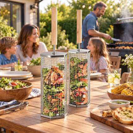 2Pcs Rolling Grill Basket with Removable Handle, 304 Stainless Steel BBQ Grilling Basket for Vegetables, Fish, Shrimp & Meat, Rotating Barbecue Cooking Basket for Outdoor Camping, Picnic & Backyard Grill