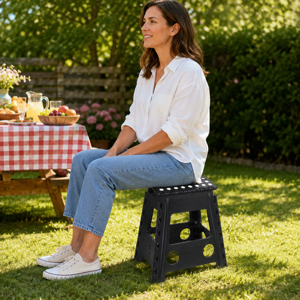 Portable Black Folding Stool with Carry Handle, Non-Slip Seat and TPR Feet,  for Camping and Home(39x29x22cm)