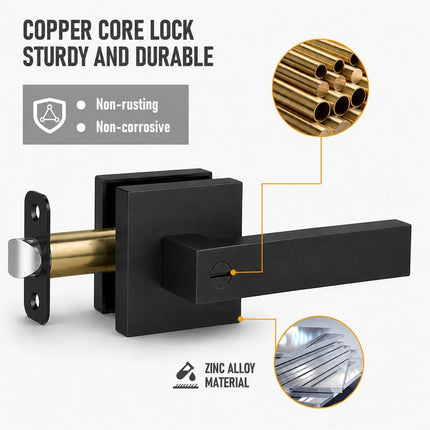 Matte Black Keyless Privacy Door Lever Handles, 2 Pack Heavy Duty Interior Door Lockset, Adjustable 60/70mm Backset, Reversible for Bedroom Bathroom Home Office