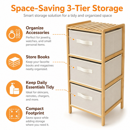 3 Drawer Bamboo Storage Chest Fabric Drawers Multi-Purpose Organiser for Bedroom Bathroom Laundry