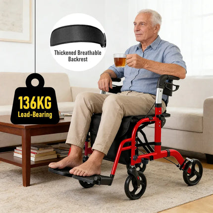 2-in-1 Foldable Aluminium Rollator Walker with Seat, Adjustable Handles, 8" All-Terrain Wheels, Detachable Storage Bag, 136kg Capacity, Lightweight Walking Frame for Indoor & Outdoor Use