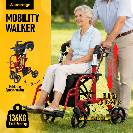 2-in-1 Foldable Aluminium Rollator Walker with Seat, Adjustable Handles, 8" All-Terrain Wheels, Detachable Storage Bag, 136kg Capacity, Lightweight Walking Frame for Indoor & Outdoor Use